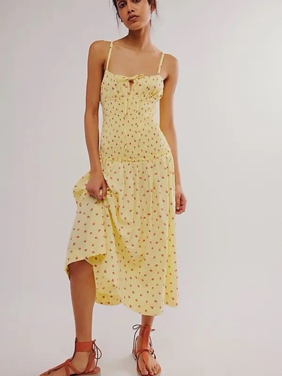 Free People Dresses & Skirts - Free People Lavender Daze Yellow Strawberry Drop Waist Smocked Midi/Maxi Dress